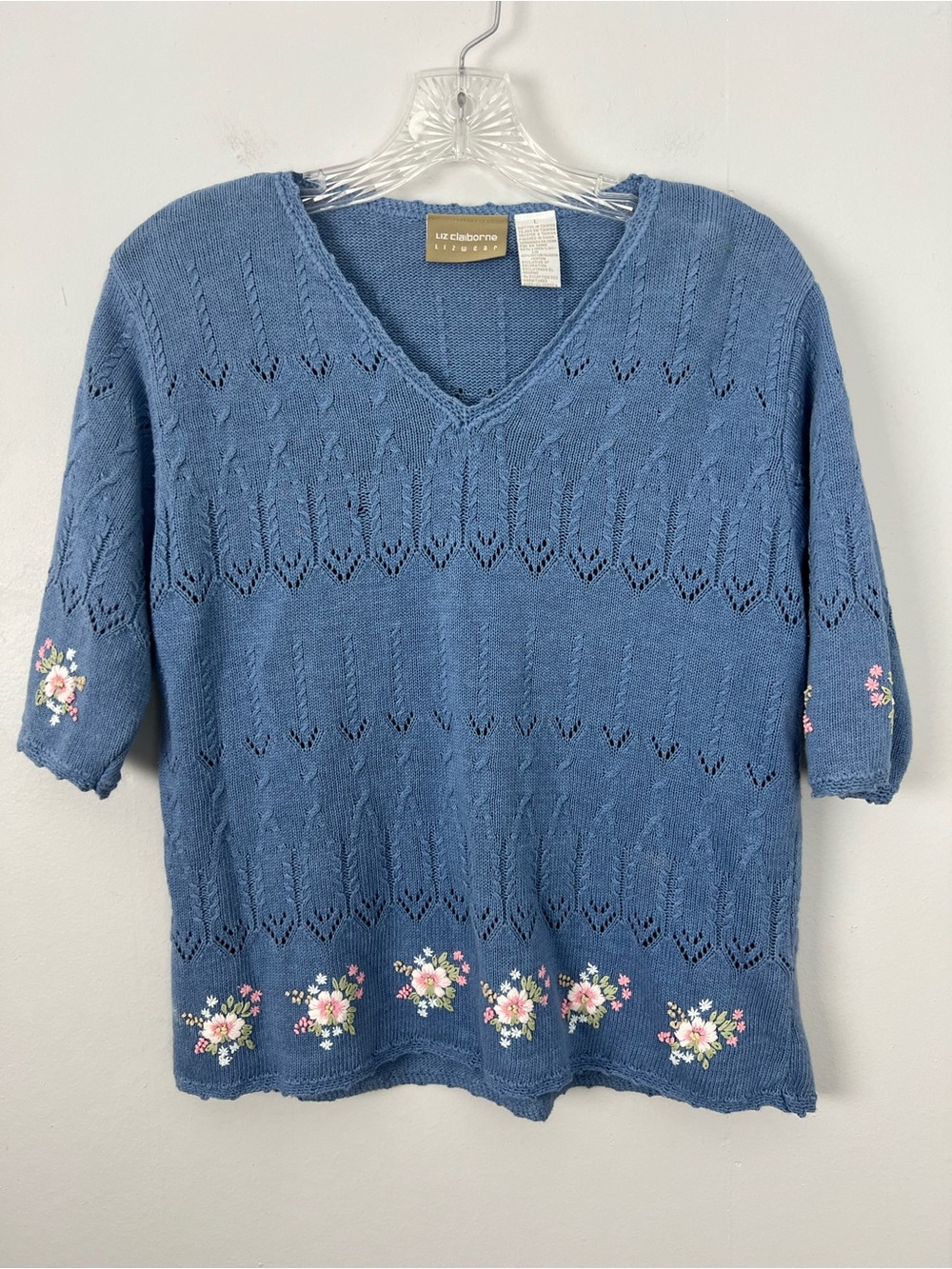 Vintage Liz Claiborne Linen Cotton Knit Sweater Floral Embroidery